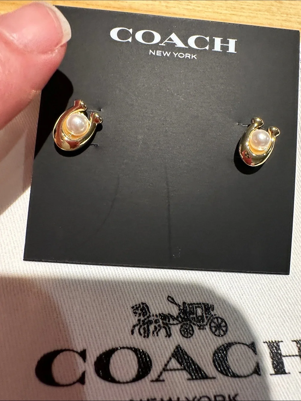 Coach Gold and Pearl Horseshoe Stud Earrings - Picture 2 of 4